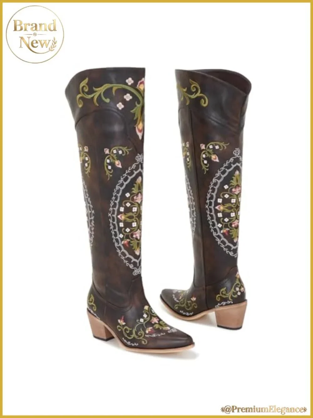 Faux Leather Over-the-Knee Cowgirl Boots with Floral Embroidery and Block Heel